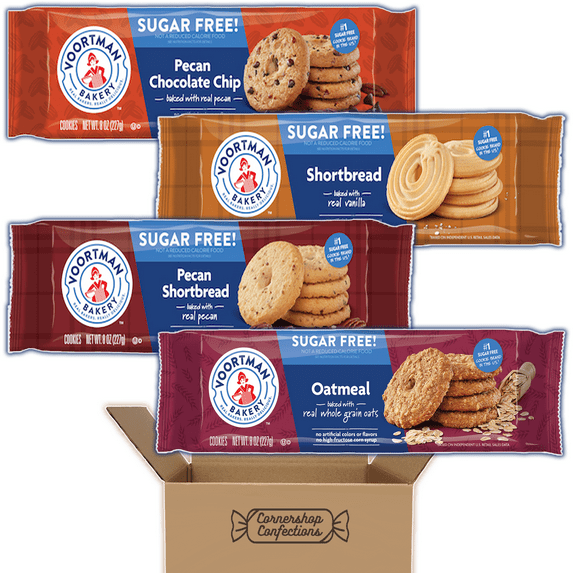 Voortman Sugar Free Cookie 4 Flavor Variety Pack - 1 Full Sleeve of 4 Sugar-Free Flavors - Shortbread, Pecan Chocolate Chip, Oatmeal, Pecan Shortbread in Cornershop Confections Pack