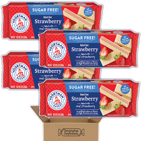Voortman Sugar Free Strawberry Wafers Bulk Pack - 4 Individually Sealed 9 Ounce Packs Baked With Real Strawberry - Holidays, Family Gatherings, Work Desk, Road Snack - In Cornershop Confections Pack