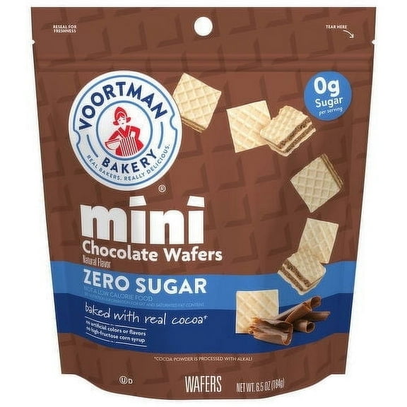 Voortman Zero Sugar Mini Chocolate Wafers, Plastic Resealable Bag, 6.5 oz