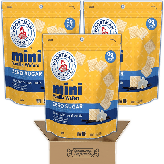 Voortman Zero Sugar Mini Vanilla Wafers Treat Bulk Pack - 3 Resealable 6.5 Ounce Bags - Made With Real Vanilla - 0g Sugar Per Serving - For Lunches, Snacks, Movies in Cornershop Confections Pack