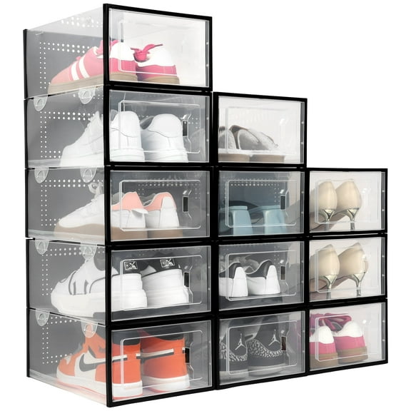 Vopmart Shoe Boxes, 12 pcs Shoe Storage Organizer, Clear Plastic Stackable Sneaker Container, Black