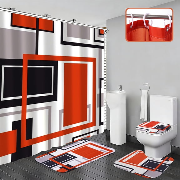 Vorfor 4Pcs Geometric Bathroom Set with Shower Curtain and Rugs, Shower Curtain Set with Non-Slip Rug and Toilet Lid Cover, Orange