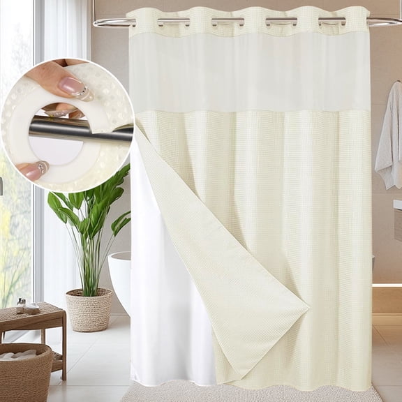 Vorfor Cream Hookless Shower Curtain with Snap in Liner, Waffle Weave Waterproof Fabric Mesh Mildew Resistant Window Bathroom Curtain, 71" x 75"