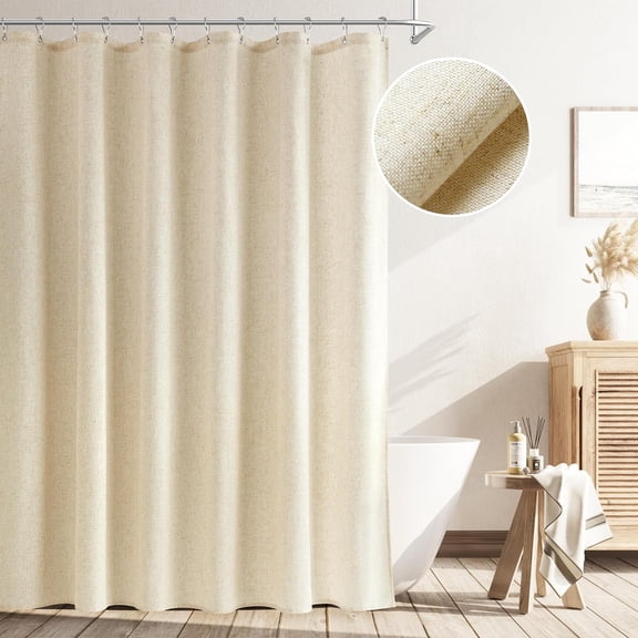 Vorfor Linen Shower Curtain, Weighted Thick Fabric Bath Shower Curtain Set with Hooks, Tall Country Farmhouse Curtains for Bathroom, 72x84Cream Beige