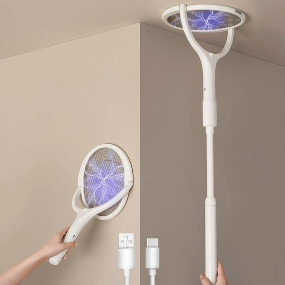 Vorfor Rotating Head Electric Fly Swatter Racket Rechargeable Bug Zapper, Mosquito Electric Fly Swatter Racket with Telescopic Extension Indoor, White