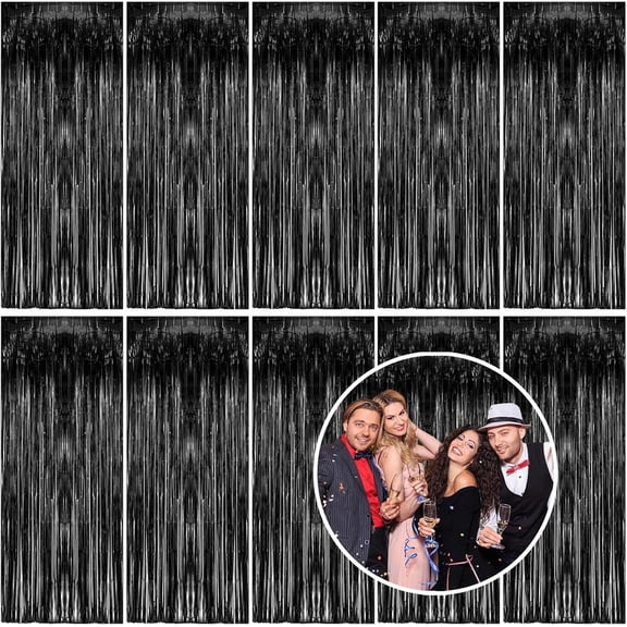 Vorkoi 10 Pack Foil Curtain Backdrop Black Metallic Tinsel Foil Fringe Curtains Photo Booth Props for Birthday Wedding Engagement Baby Shower Bachelorette Christmas Holiday Celebration Party