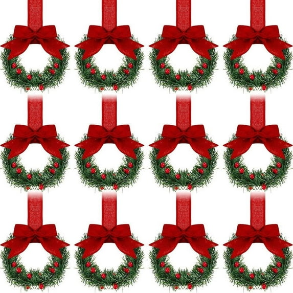 Vorkoi 12 Pcs Christmas Kitchen Cabinet Wreaths with Ribbon 3.94 Inch Mini Christmas Wreath Small Kitchen Xmas Decor for Window Door