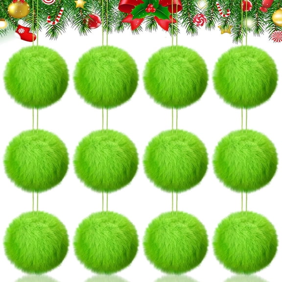 Vorkoi 12Pcs Christmas Balls Green Furry Monster Ornaments for Tree Heart Hanging Decorations Pom Pom Ball Ornaments Party Supplies