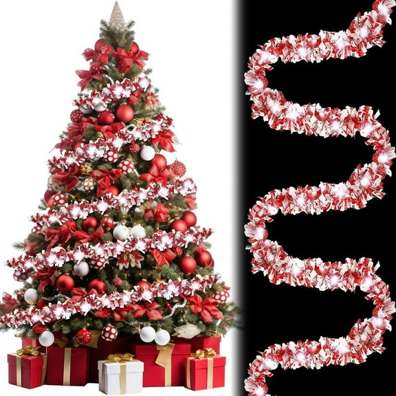 Vorkoi 16.4 ft Christmas Tinsel Garland Lighted Metallic Twist Garland with 50 LED Lights Hanging Prelit Xmas Battery Operated Foil Tinsel for Christmas Tree Party Mantel