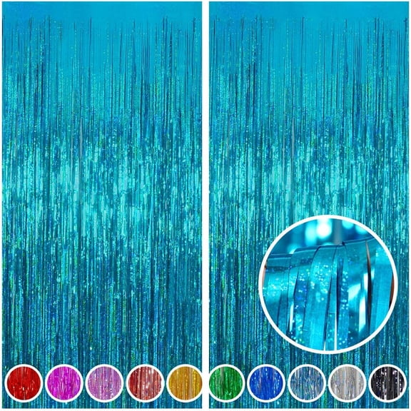 Vorkoi 2 Pack 3.2 ft x 8.2 ft Teal Tinsel Foil Fringe Curtains Backdrop, Sparkle Metallic Foil Curtains for Frozen/Mermaid/Under Sea Birthday Party Decoration