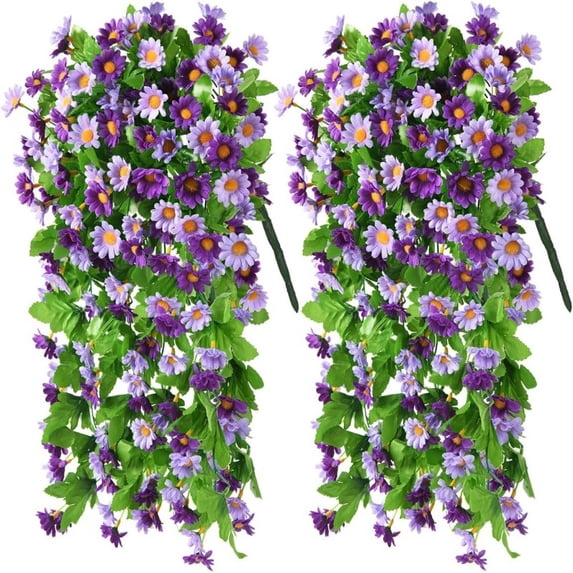 Vorkoi 2 Pack Artificial Hanging Flowers, Fake Mums Artificial Flowers for Decoration, Fake Hanging Plants Daisy Faux Silk Flower Bouquet for Wall Home Garden Wedding Outdoor Spring Decor