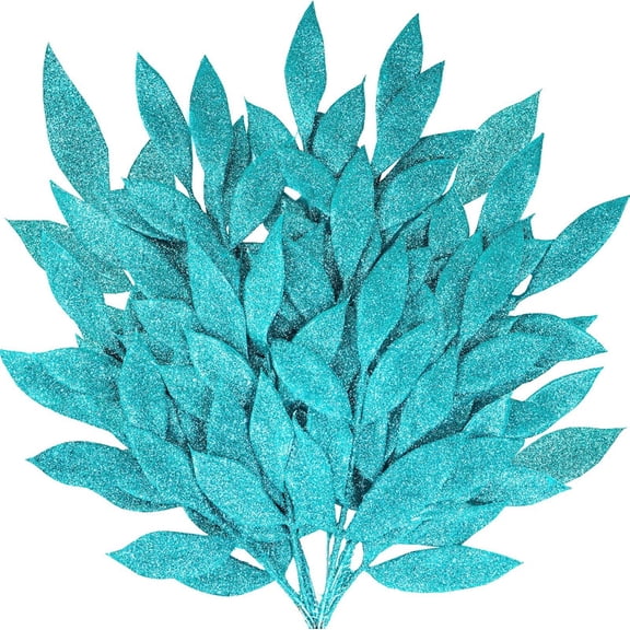 Vorkoi 20 Pcs Teal Glitter Bay Leaf Sprays Artificial Christmas Tree Picks Sprays 12.7" Tall for Teal Christmas Tree Winter Wreath Swag Floral Arrangement Vase Wedding Bouquet Centerpiece Decoration