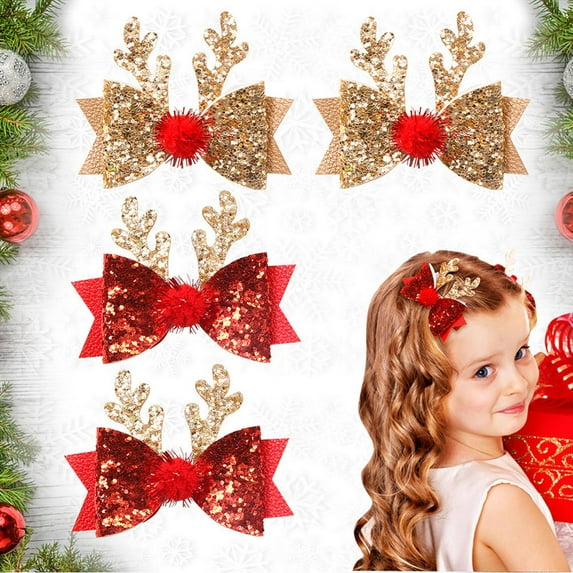 Vorkoi 2PCS Christmas Hair Clips Xmas Bow Hair Accessories Cute Reindeer Antlers Ears Glitter Sequins Hair Barrettes Holiday Headdress Hairpin for Girls Women Kids Party Cosplay Gift