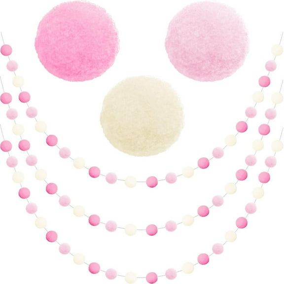 Vorkoi 3-Pack Pom Pom Garland Pink Felt Ball Ornament Garland Christmas Decorations, Cute Pompom Strings for Christmas Tree Decor, Xmas Holiday Party, Birthday Banner - 6.6 Feet Long, 24 Balls 25mm