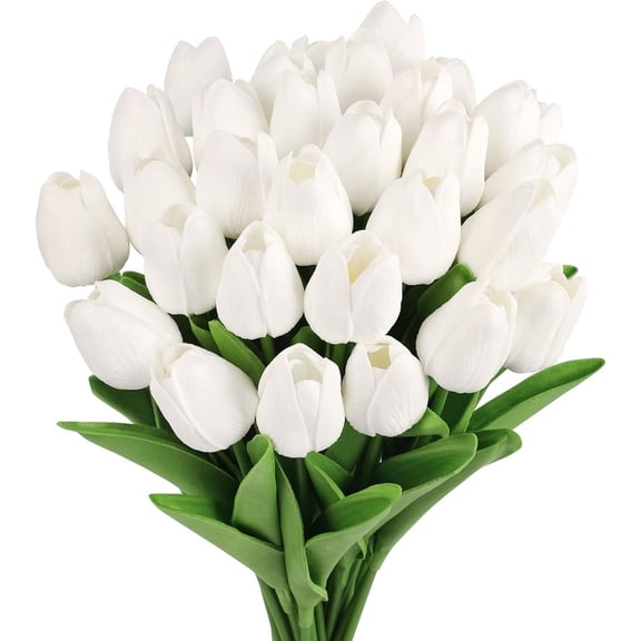 Vorkoi 30PCS Artificial Tulip Flowers - 13.7" Real Touch Fake PU Tulips Bouquet Faux Spring Flowers for Floral Arrangements Table Centerpiece Kitchen Home Mothers Day Easter Decorations