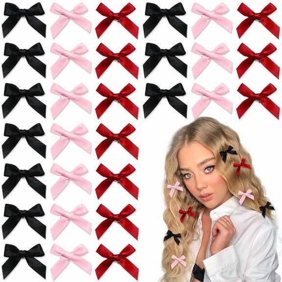 Vorkoi 30PCS Bow Hair Clips Hot Pink Mini Hair Bows Kawaii Hair Ribbons Clips Satin Bow Hair Accessories for Women Girls