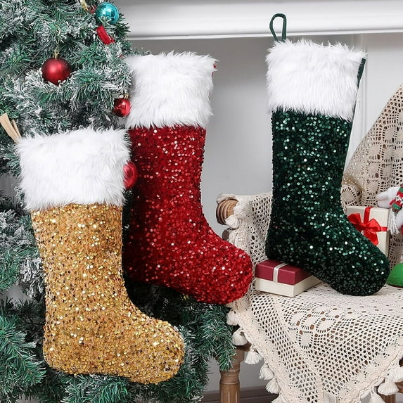 Vorkoi 3PCS Sparkle Sequin Christmas Stocking, 3 Piece, GlitterHoliday Party Supplies, 18" X 8"