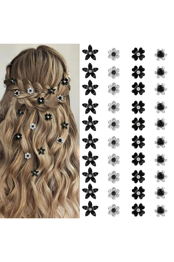40 Pcs Mini Black Flower Hair Clips Cute Rhinestone Hair Pins Small Decorative Hair Clips Wedding Hair Barrettes Bridal Flower Girl Hair Accessory
