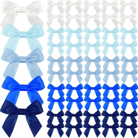 Vorkoi 50 Pcs Premade Ribbon Bows Twist Tie Bows Baby Shower Bows Satin Ribbon Bows Self Adhesive Satin Bows for Gift Wrapping for Crafts Baby Shower Birthday Party Wedding Decorations