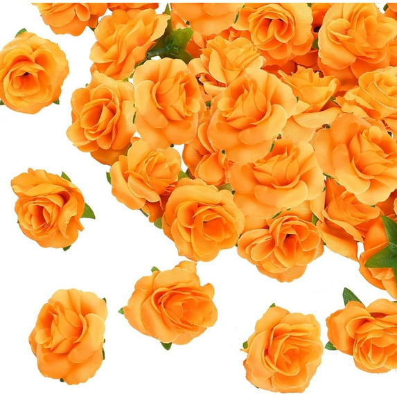 Vorkoi 50pcs Mini Orange Roses Artificial Flowers Bulk, 1.6" Small Silk Fake Roses Flower Heads for Decoration, Crafts, Wedding Centerpieces Bridal Shower Party Home Decor
