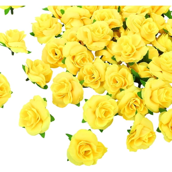 Vorkoi 50pcs Mini Yellow Roses Buds Artificial Flowers Bulk, 1.6 Inch Small Silk Fake Roses Flower Heads for Decoration, Crafts, Wedding Party Home Decor
