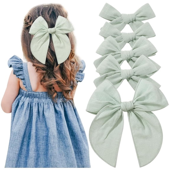 Vorkoi 5PCS Cotton Linen Hair Bows for Girls Handmade Alligator Clip Hair Accessories for Babies Infant Toddlers Kids(5inch×1, 4inch×2, 3.5inch×2)
