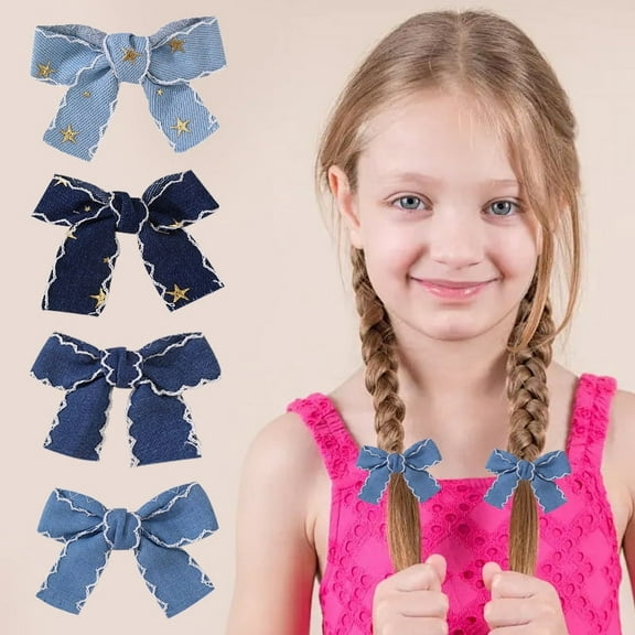 Vorkoi 8PCS Blue Denim Hair Clips 4" Blue Jeans Hair Ribbon Bow Barrettes Alligator Hairpin for Women West Cowgirl Fall Vintage Outfit Boho Dress Decor Accessory Teens Toddler Girls Back School Gift
