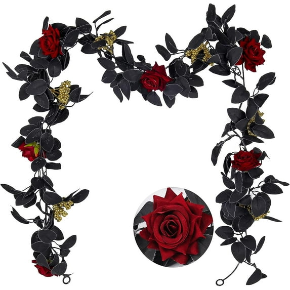 Vorkoi Artificial Rose Vines Hanging Silk Rose Garland Black Leaves Vines for Room Decor Indoor and Outdoor Wedding Table Centerpiece Home Garden Wall Halloween Decoration