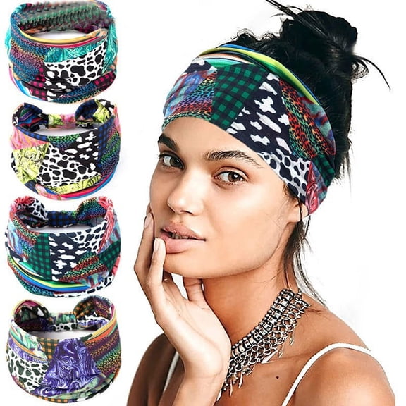 Vorkoi Boho African Headbands Yoga Wide Knot Hair Bands Sweat Printed Headwraps Elastic Turban Headscarfs Multicolor Headwear Outdoor Hair Accessories for Women and Girls