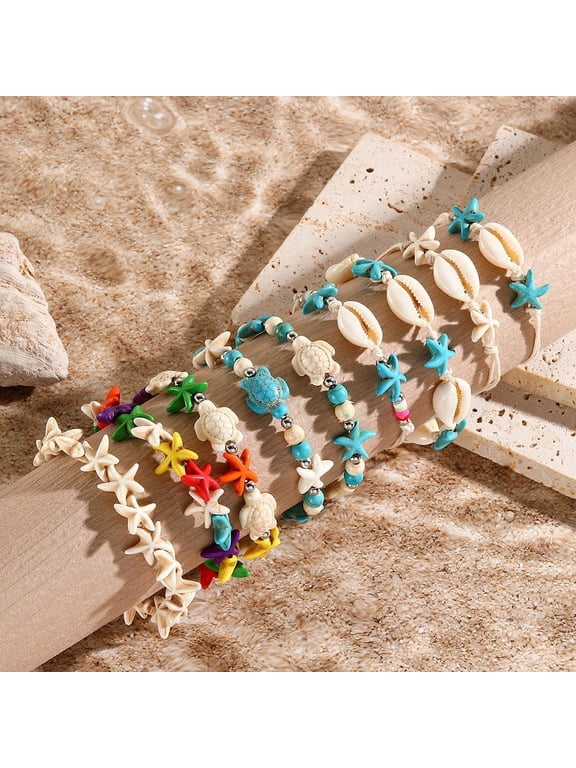 Boho Turtle Starfish Shell Evil Eye Beach Ankle Bracelets Necklace Adjustable Summer Ocean Bracelets Jewelry for Women