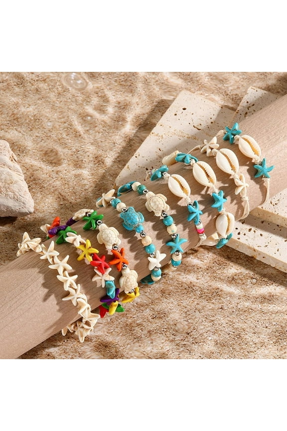Boho Turtle Starfish Shell Evil Eye Beach Ankle Bracelets Necklace Adjustable Summer Ocean Bracelets Jewelry for Women