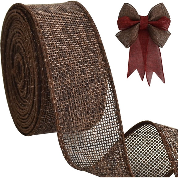 Vorkoi Burlap Brown Wired Ribbon, 1 1/2 inch 10 Yard Jute Ribbon for Decoration Bows Tree Toppers Ribbons Craft Gift Wrapping Wreath Sewing, for Fall Autumn Thanksgiving Christmas Wreath Decor