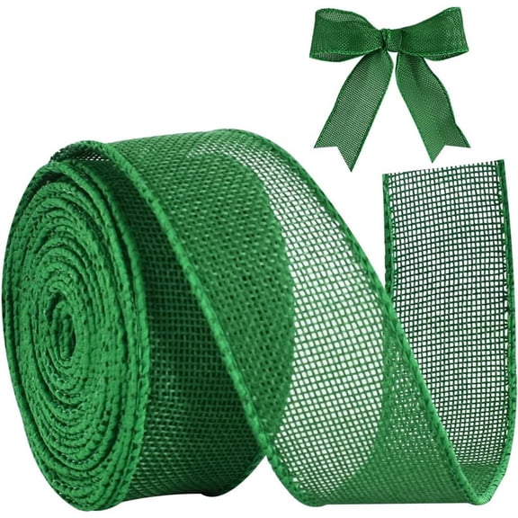 Vorkoi Burlap Green Wired Ribbon, 1 1/2 inch 10 Yard Jute Ribbon for Decoration Bows Tree Toppers Ribbons Craft Gift Wrapping Wreath Sewing, for Christmas Wreath Decor