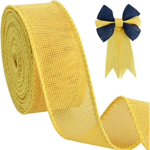Vorkoi Burlap Yellow Wired Ribbon, 1 1/2 inch 10 Yard Jute Ribbon for Decoration Bows Tree Toppers Ribbons Craft Gift Wrapping Wreath Sewing, for Halloween Easter Fall Thanksgiving Wreath Decor