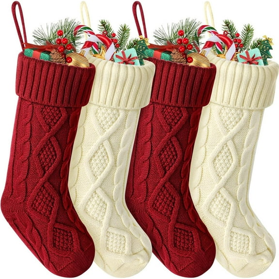 Vorkoi Christmas Stockings, Personalized Christmas Stockings 18 Inches Large Size Cable Knitted Stocking Gifts (4pcs White&Red)