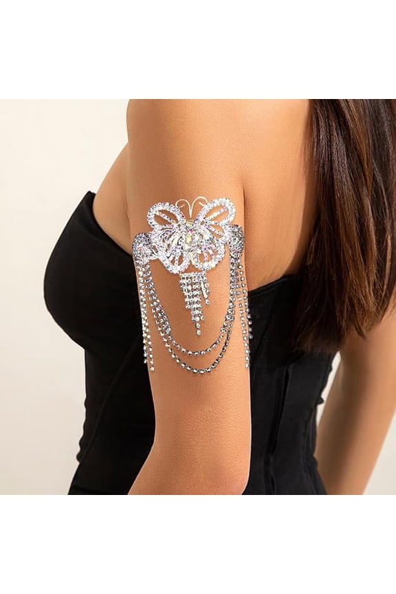 Chunky Tassel Butterfly Arm Cuff Bracelet Silver Upper Arm Stretch Statement Iridescent Rhinestone Bracelets for Women