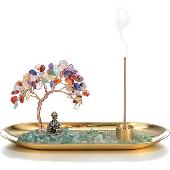 Vorkoi Crystal Incense Holder for Sticks, Healing Crystal Stone Money Tree Buddha Statue Set Incense Burner, Incense Trays for Wealth, Good Luck,Yoga Meditation Home Decor