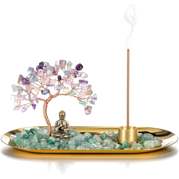 Vorkoi Crystal Incense Holder for Sticks, Healing Crystal Stone Money Tree Buddha Statue Set Incense Burner, Incense Trays for Wealth, Good Luck,Yoga Meditation Home Decor