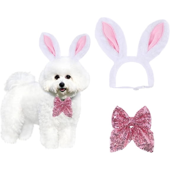 Vorkoi Dog Easter Costume Pet Bunny Ears Puppy Easter Day Pink Rabbit Hat Bow Tie Set Holiday Outfits Accessories for Small Medium Cats Dogs Kitten