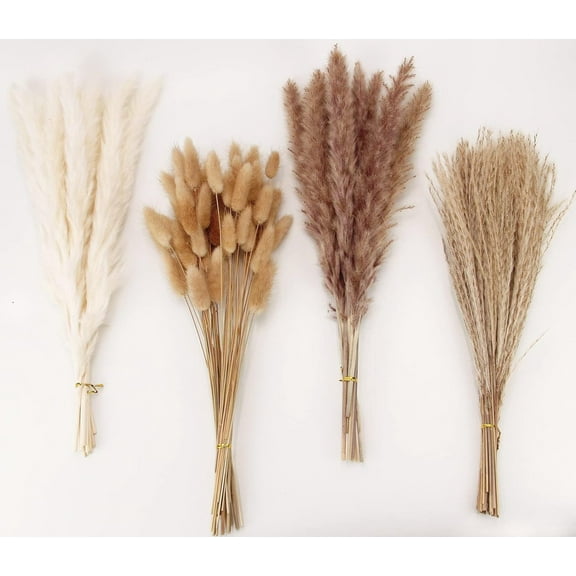 Vorkoi Dried Pampas Grass Decor, 100 Stems Pampas Grass Contains Bunny Tails Dried Flowers, Reed Grass Bouquet for Wedding Boho Flowers Home Table Decor, Rustic Farmhouse Party (17", White and Brown)