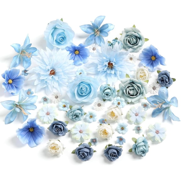 Vorkoi Fake Flower Heads Mini Blue Artificial Flower Faux Dahlia Rose Flowers Multicolor Silk Daisy Flower Heads for Craft Garland Wedding Bridal Baby Shower Home Party Decoration DIY Cake Decor