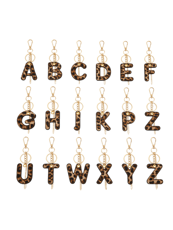 Female Initial Pu Leather Letter Keychain, Leopard Print Key Tag Key Holder Lanyard With Luggage Bag
