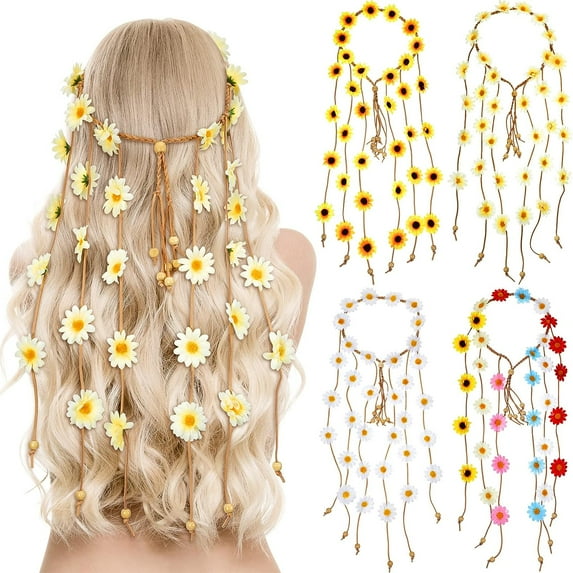 Vorkoi Flower Headband Hippie Sunflower Hairband Floral Crown Bohemian Hair Band Women Girls Boho Hair Hoop Headpiece Party Decoration Hair Accessories