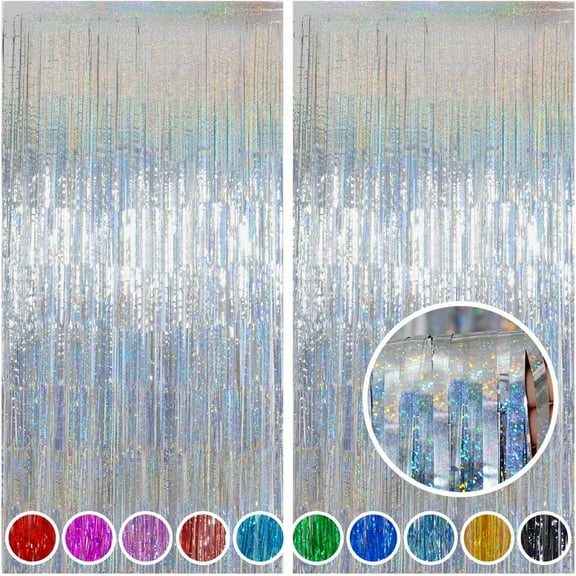 Vorkoi Foil Curtain, 2 Pack 3.2 ft x 8.2 ft Silver Tinsel Foil Fringe Curtains Backdrop, Sparkle Metallic Foil Curtains for Memorial Birthday Bachelorette Party Decorations
