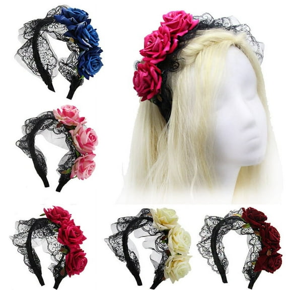 Vorkoi Gothic Lolita Headband Black Halloween Headpieces Rose Flower Hair Bands Masquerade Cosplay Head Hoop Makeup Ball Party Hair Accessory for Women and Girls
