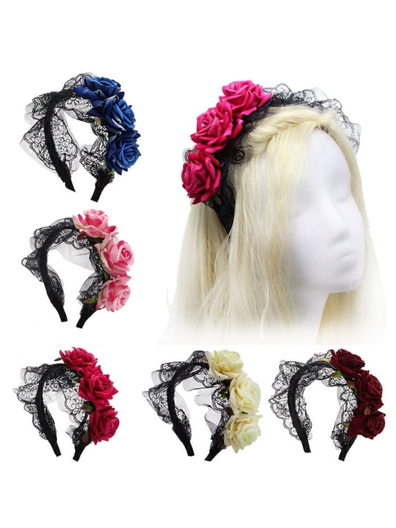 Gothic Lolita Headband Black Halloween Headpieces Rose Flower Hair Bands Masquerade Cosplay Head Hoop Makeup Ball Party Hair Accessory for Women and Girls
