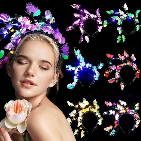 Vorkoi LED Butterfly Fascinator Headband For Women Monarch Butterfly Head Band Crown Pink Butterfly Hair Band Cute Hair Hoop Tea Party Hats Halloween Costume Butterfly Headpiece