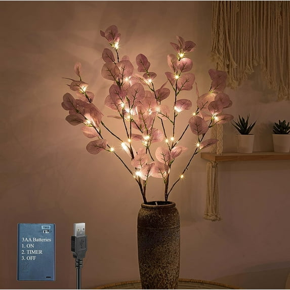 Vorkoi Lighted Artificial Eucalyptus Branches with Timer, Light Up Eucalyptus Branches 30in 38 Led, Battery Powered Vase Lights, Greenery Plant for Home Christmas Party Wedding Decor Indoor Outdoor