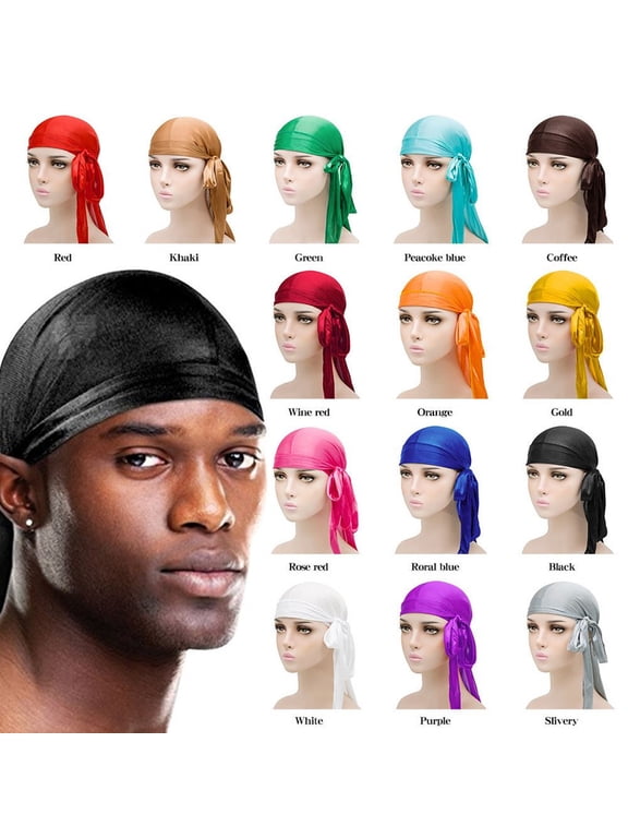 Men Women Durag Extra Long-Tail Headwraps Silky Satin Pirate Cap Bandana Hat for 360 Waves Black