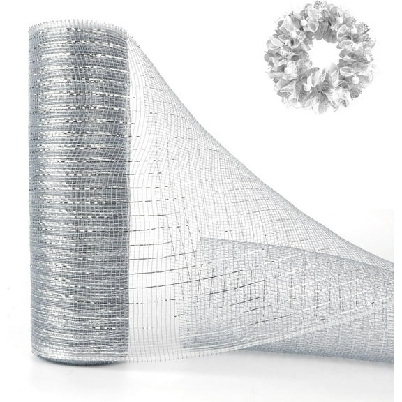 Vorkoi Metallic Mesh Ribbon, 10 Inch x 30 Feet Silver Foil Decorative Ribbon Rolls for DIY Crafts Wreaths Wedding Garland Party Supplies Christmas Tree Decoration
